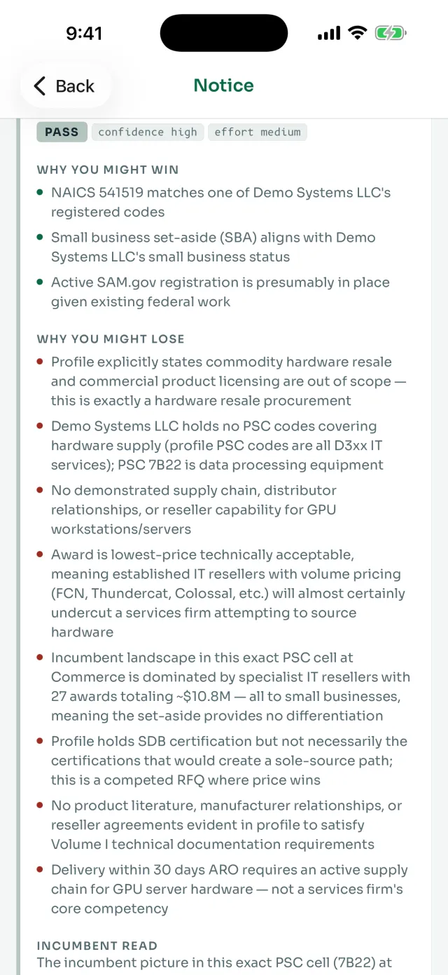 A GovCon Radar go or no-go brief on iPhone showing a PASS verdict with sections for why you might win and why you might lose