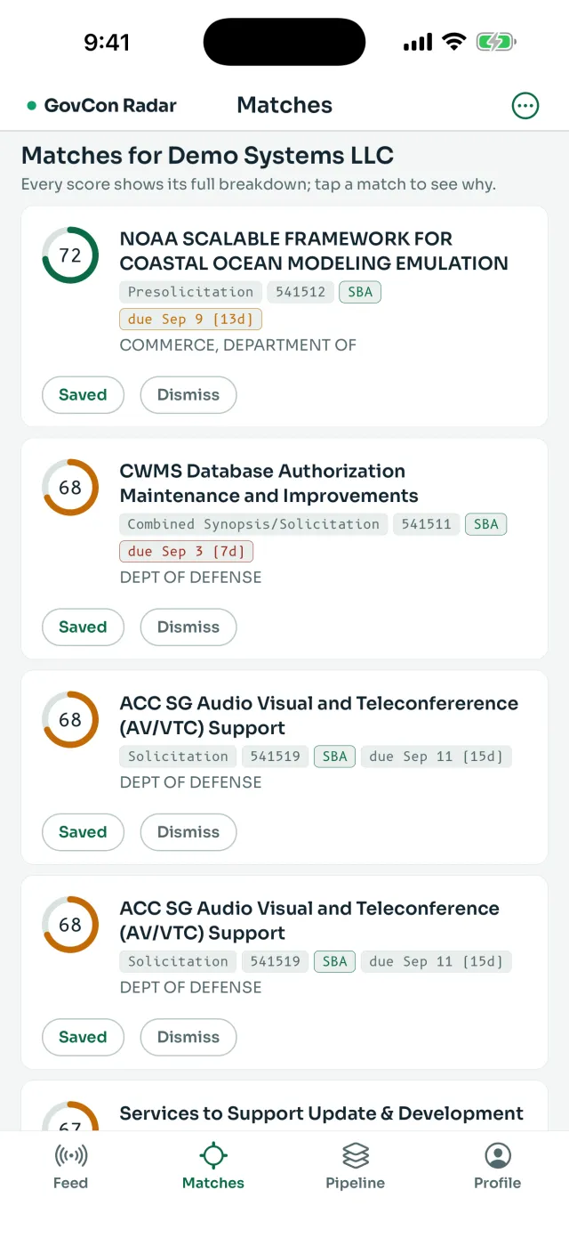 The GovCon Radar matches screen on iPhone, listing federal notices with scores of 72 and 68, each tagged with its notice type, NAICS code, small business set-aside, and response deadline
