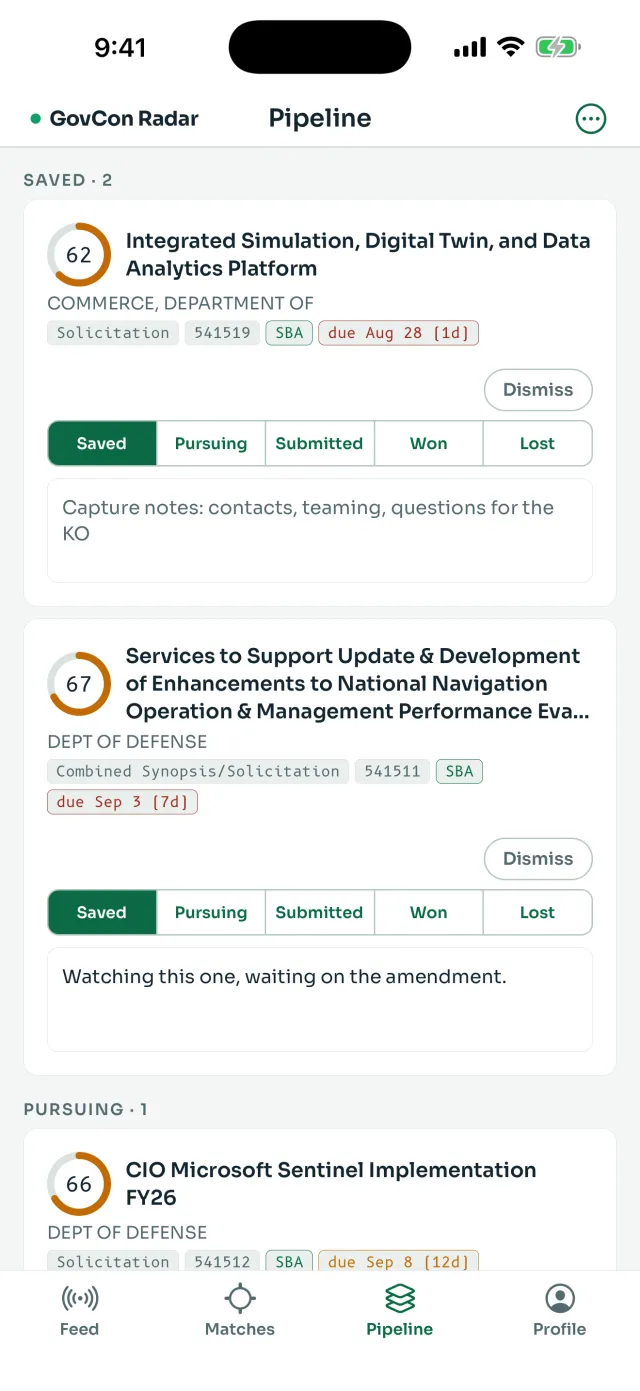 The GovCon Radar pipeline screen on iPhone with saved and pursuing opportunities, stage buttons, and free-text capture notes